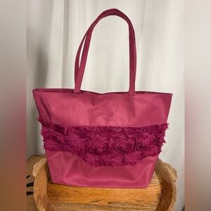 Burgundy Satin Rosette Tote Bag Travel Cosmetic Bridesmaid Bag